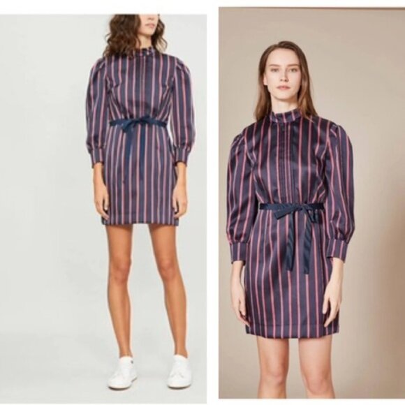 SANDRO Respect Striped Long Sleeve Preppy Satin Twill Belted Dress Lightweight - Picture 6 of 16